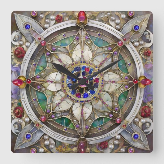 Horloge Carrée Ruby, Amethyst, Sapphire et Pearl Mandala (Recto)