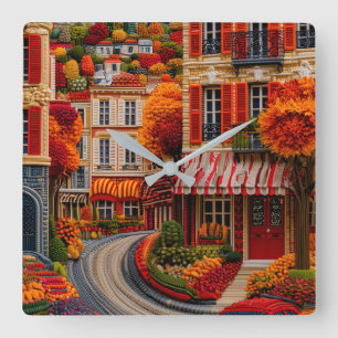 Horloge Carrée Rue de Paris en automne Broderie Art mural