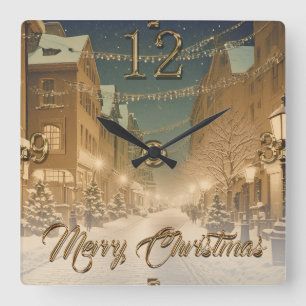 Horloge Carrée Rues de Noël enneigées dans un centre-ville
