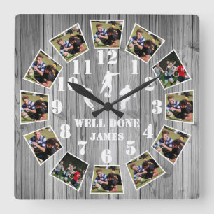 Horloge Carrée Rugby Wooden Effect Personalise Photo Collage Larg