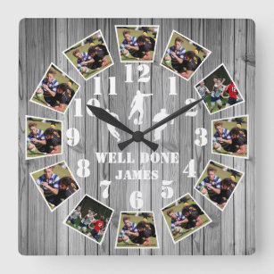 Horloge Carrée Rugby Wooden Effect Personalise Photo Collage Larg