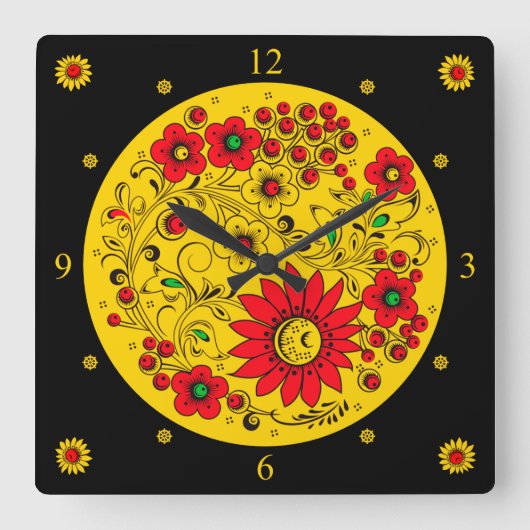 Horloge Carrée Russian Folk Art Flowers (Recto)