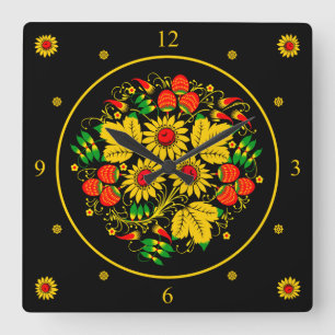 Horloge Carrée Russian Folk Art Flowers