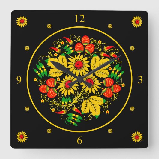 Horloge Carrée Russian Folk Art Flowers (Recto)