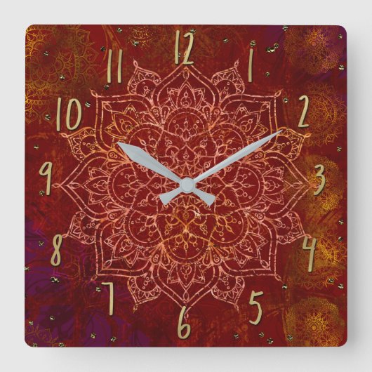 Horloge Carrée Rust Red Mandala Gold Glam (Recto)