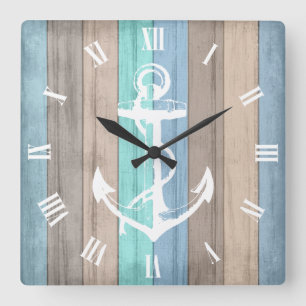 Horloge Carrée Rustic Beach Wood Grandes et Ancre nautiques