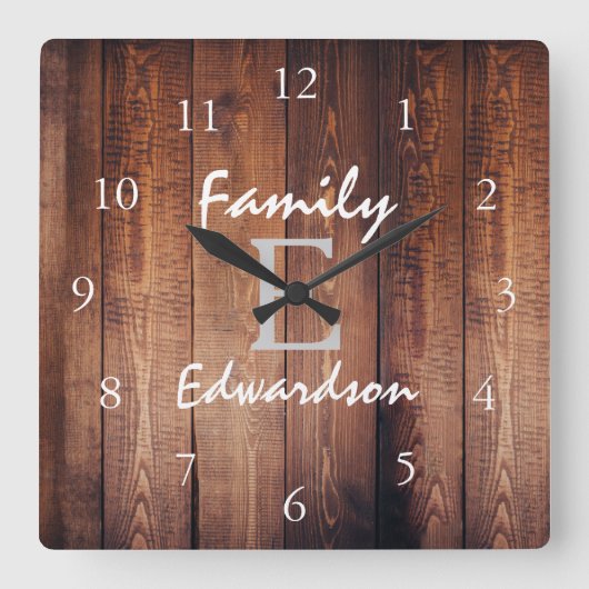 Horloge Carrée Rustic dark barn wood monogram (Recto)
