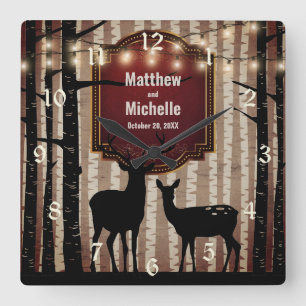 Horloge Carrée Rustic Deer and Aspen Trees Wedding ou Anniversary