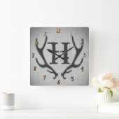 Horloge Carrée Rustic Deer Antlers Grey Faux Burlap Texture (Maison)