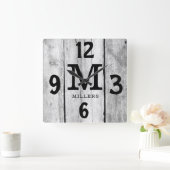 Horloge Carrée Rustic Grey Nom de famille Monogram Ferme (Maison)