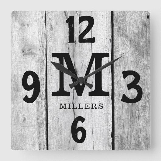 Horloge Carrée Rustic Grey Nom de famille Monogram Ferme (Recto)