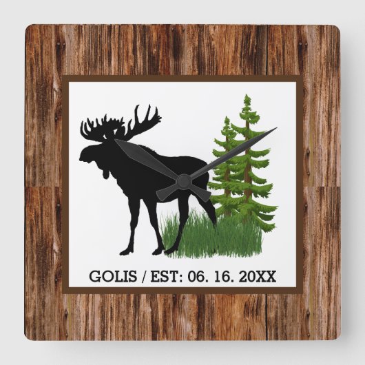 Horloge Carrée Rustic Moose with Wood Grain Trim Wall Clock (Recto)