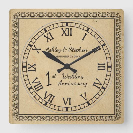 Horloge Carrée Rustic Paper Look 1st Wedding Anniversary (Recto)