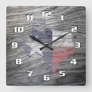 Horloge Carrée Rustic Patriotic Texas Flag on wood texture