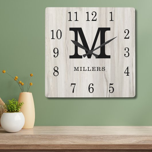 Horloge Carrée Rustic Personalized Wood Farmhouse Monogram Name