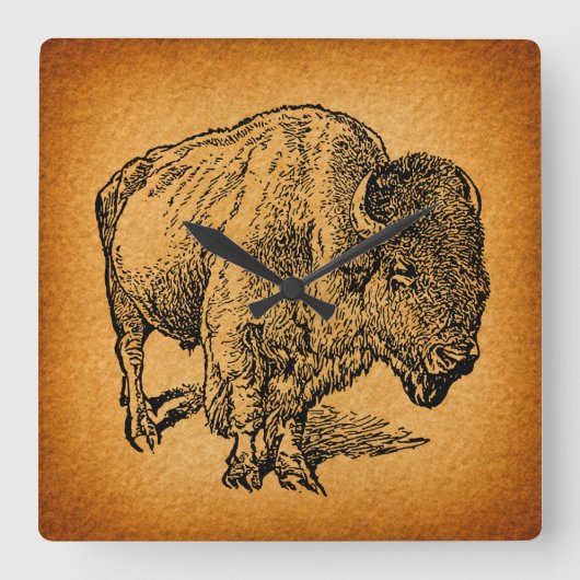 Horloge Carrée Rustic Western Wild Buffalo Bison Antique (Recto)