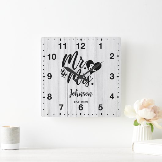Horloge Carrée Rustic White bois élégant Script Mr & Mrs. (Maison)