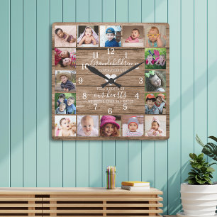 Horloge Carrée Rustic Wood 16 Photo Collage Petits-enfants Citati
