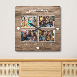 Horloge Carrée Rustic Wood Nana Papa 4 Photo Grand-parent Cadeau