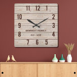 Horloge Carrée Rustic Wood Nom de famille Ferme Cuisine<br><div class="desc">Simple horloge de ferme en bois rustique personnalisé avec nom de famille et année établie. Fait un cadeau réfléchi pour le ménage,  les vacances et les mariages.</div>