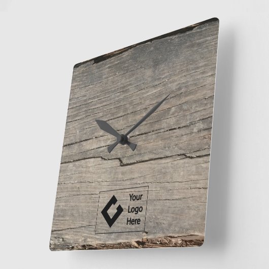 Horloge Carrée Rustic Wood Texture avec logo (Angle)