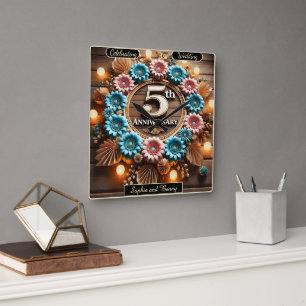 Horloge Carrée Rustique 5e anniversaire Floral