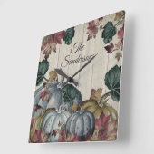 Horloge Carrée Rustique Dusty Citrouille automne Feuilles Bois (Angle)