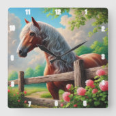 Horloge Carrée Rustique Horse Meadow Vibrant Campagne (Recto)