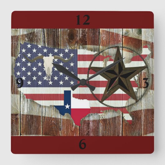 Horloge Carrée Rustique Texas Lone Star Texas Long Horn (Recto)