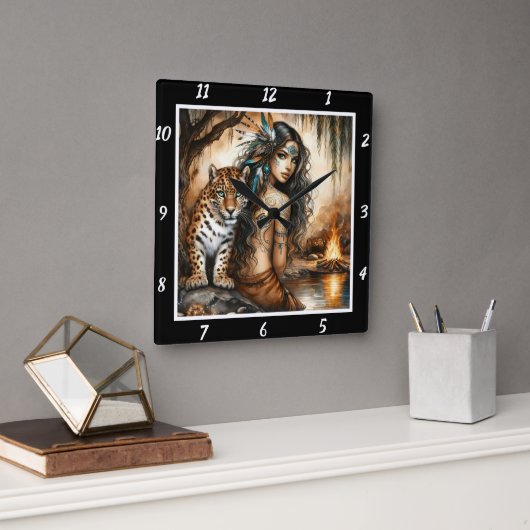 Horloge Carrée Rythme indigène : Danse du saule du tigre (Bureau)