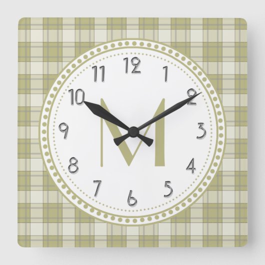 Horloge Carrée Sage Green Country Plaid Pattern monogram (Recto)