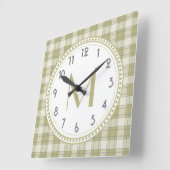 Horloge Carrée Sage Green Country Plaid Pattern monogram (Angle)