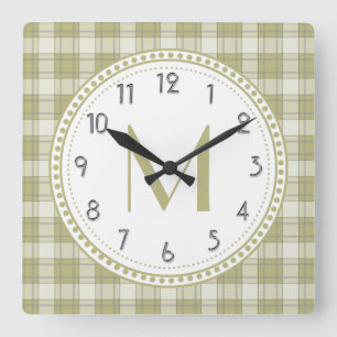 Horloge Carrée Sage Green Country Plaid Pattern monogram