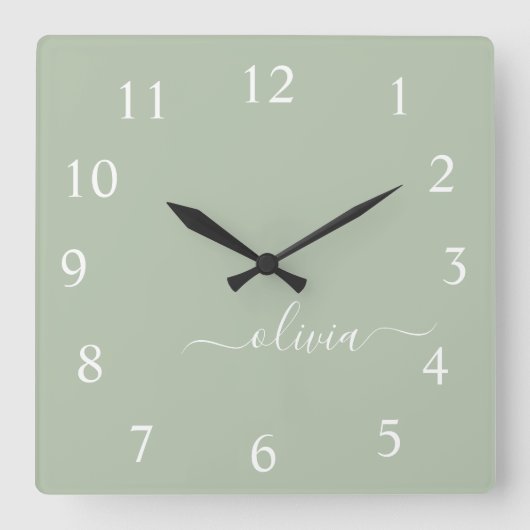 Horloge Carrée Sage vert Script Monogramme Nom de la fille (Recto)