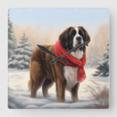 Horloge Carrée Saint Bernard Chien à Noël de neige (Recto)
