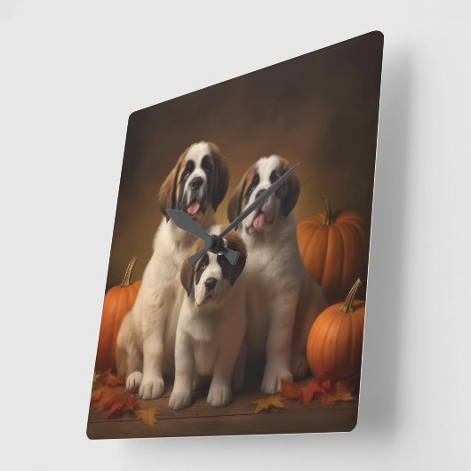 Horloge Carrée Saint Bernard Puppy Automne Citrouille (Angle)