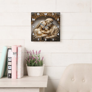 Horloge Carrée Sainte Famille dorée Marie, Joseph et Jésus