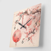 Horloge Carrée Sakura Tree et Lanterns japonais (Angle)