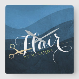 Horloge Carrée Salon des cheveux Coiffeuse Ciseaux bleu et or mod