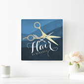 Horloge Carrée Salon des cheveux Coiffeuse Ciseaux bleu et or mod (Maison)