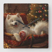 Horloge Carrée Samoyed Chien Festive de Noël (Recto)