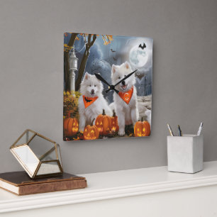 Horloge Carrée Samoyed Halloween Épouvantable