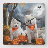 Horloge Carrée Samoyed Halloween Épouvantable (Recto)
