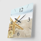 Horloge Carrée Sandy Beach Starfish Coquillages (Angle)