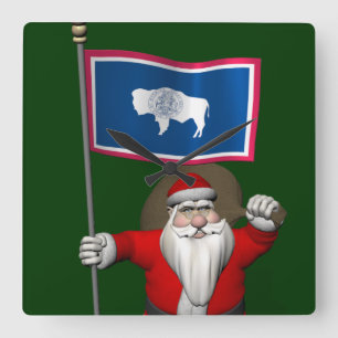 Horloge Carrée Santa Claus With Ensign Of Wyoming