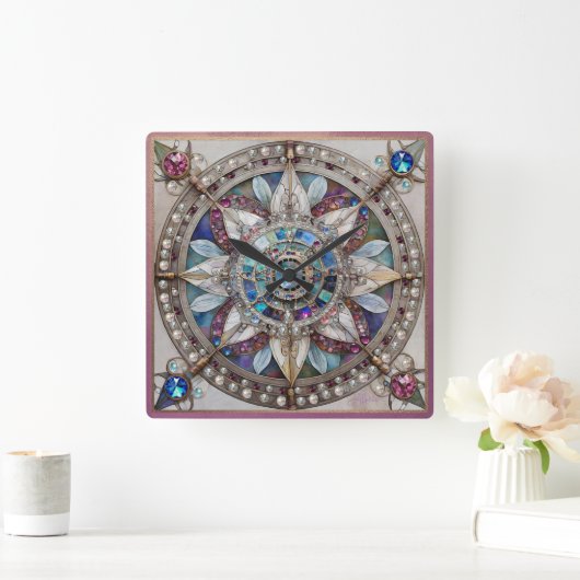 Horloge Carrée Saphirs roses et bleus Diamants Perles Mandala (Maison)