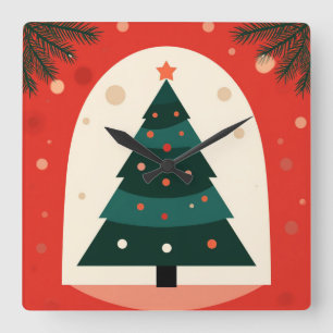 Horloge Carrée Sapin de Noël vert avec fêtes rouges