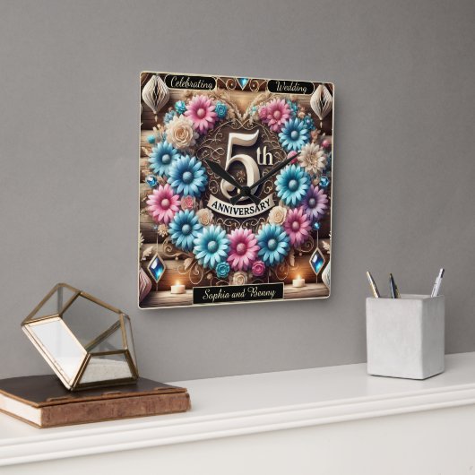 Horloge Carrée Sapphire Glow : 5e anniversaire de réflexion (Bureau)