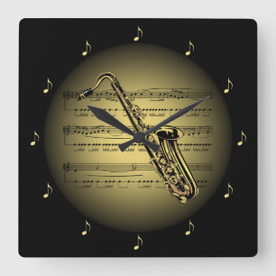Horloge Carrée Saxophone 3-D Gold Globe ~ Partition Music ~ Black