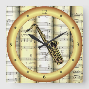 Horloge Carrée Saxophone ~ Musique en feuille roulée ~ Cercle d'